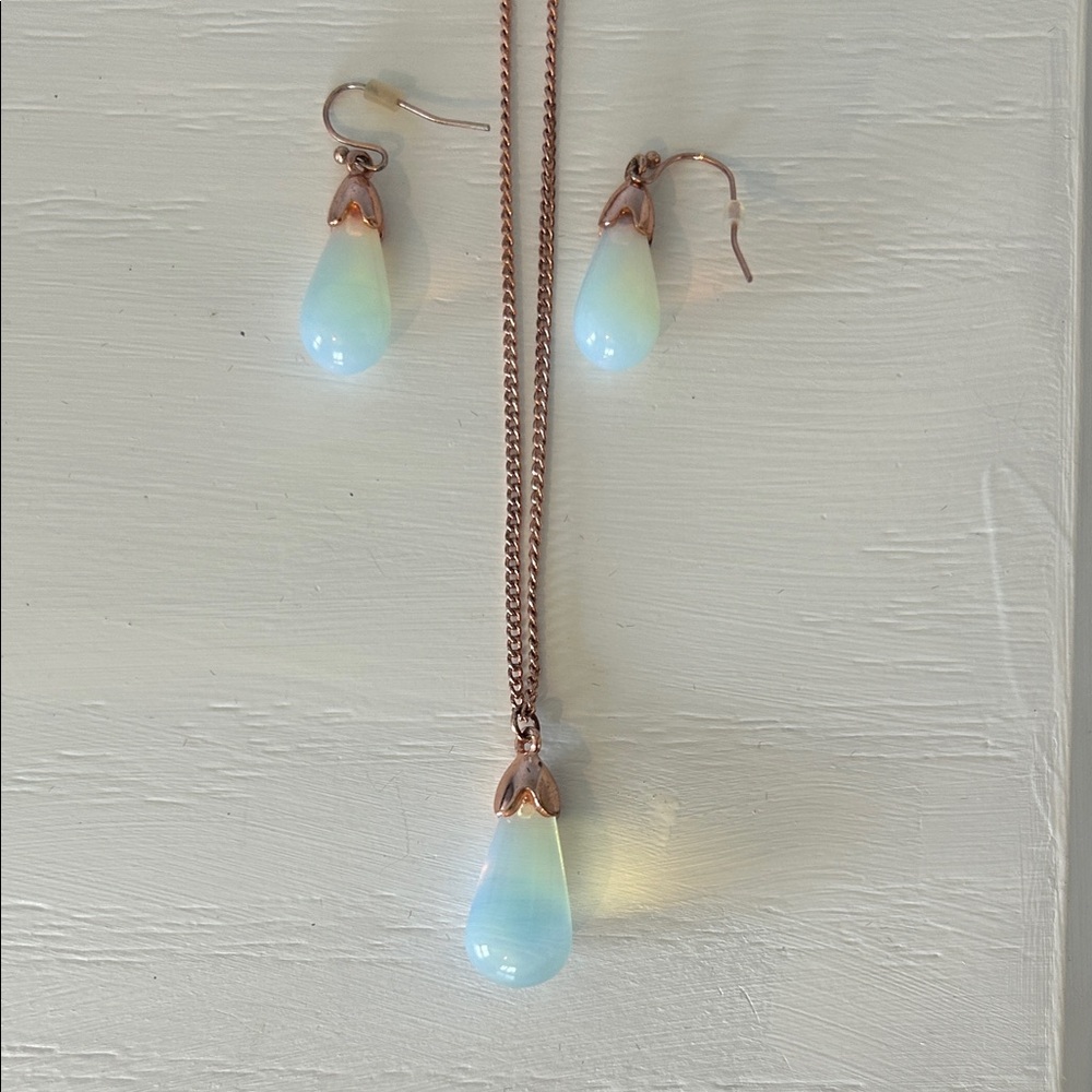 Rose Gold Opal Teardrop Necklace and Earring Set